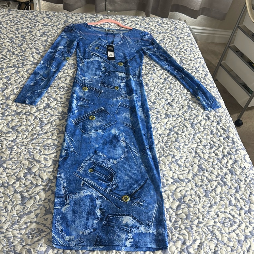 Fashion Nova Delilah Denim Print Mesh Midi Dress